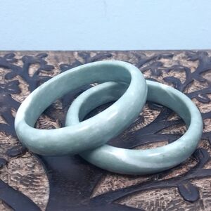 Lot of 2, Elegant Icy Green & White, Chinese Jade Bangle Bracelets 2.25" gap